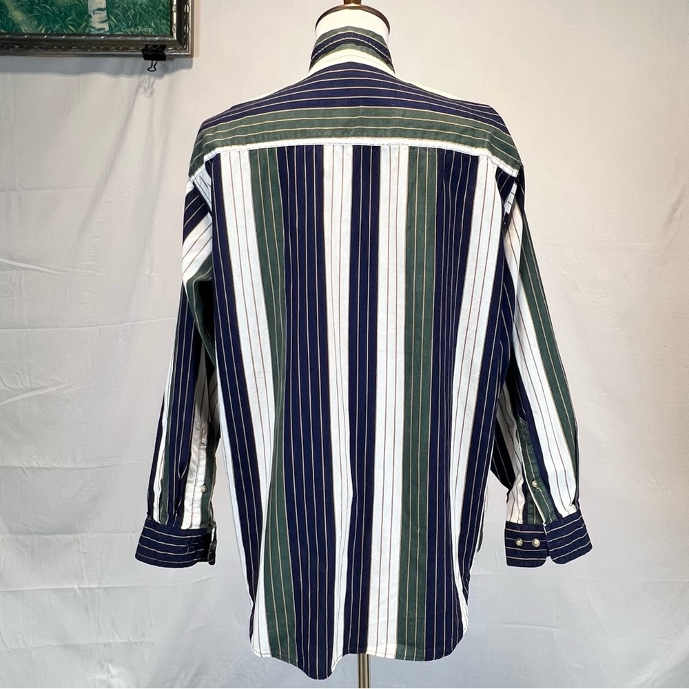 VINTAGE 90s men’s stripe button‎ down shirt 100% cotton blue green casual preppy - Picture 6 of 11